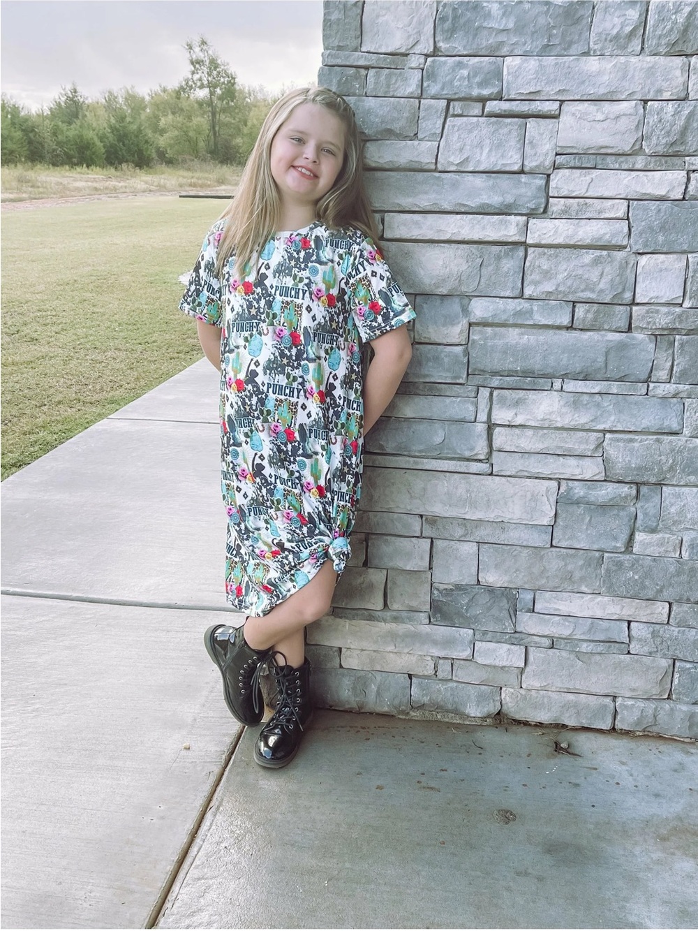 Girls' Floral & Graphic Print Knot Hem Dress - White Multi